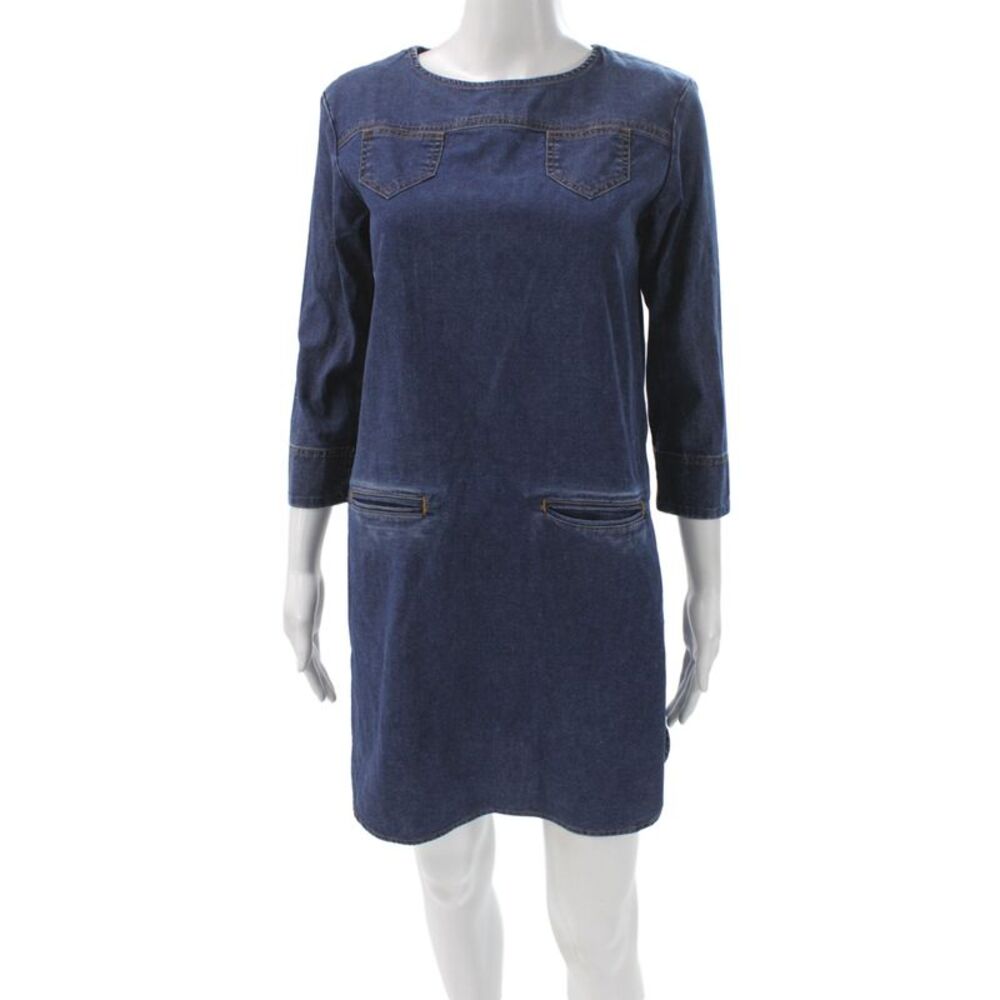 Soeur Women Shift Shirt Dress Dark Blue Denim Cotton Button 3/4 Sleeve Size S